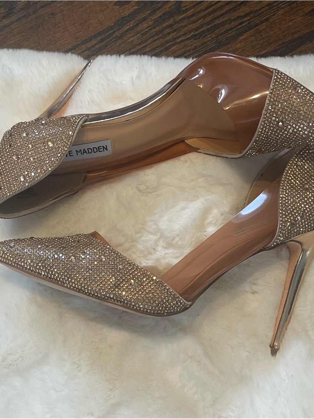 Steve Madden elegant gold Crystal Pointed-Toe Clear Panel Stiletto Heels - Picture 12 of 12